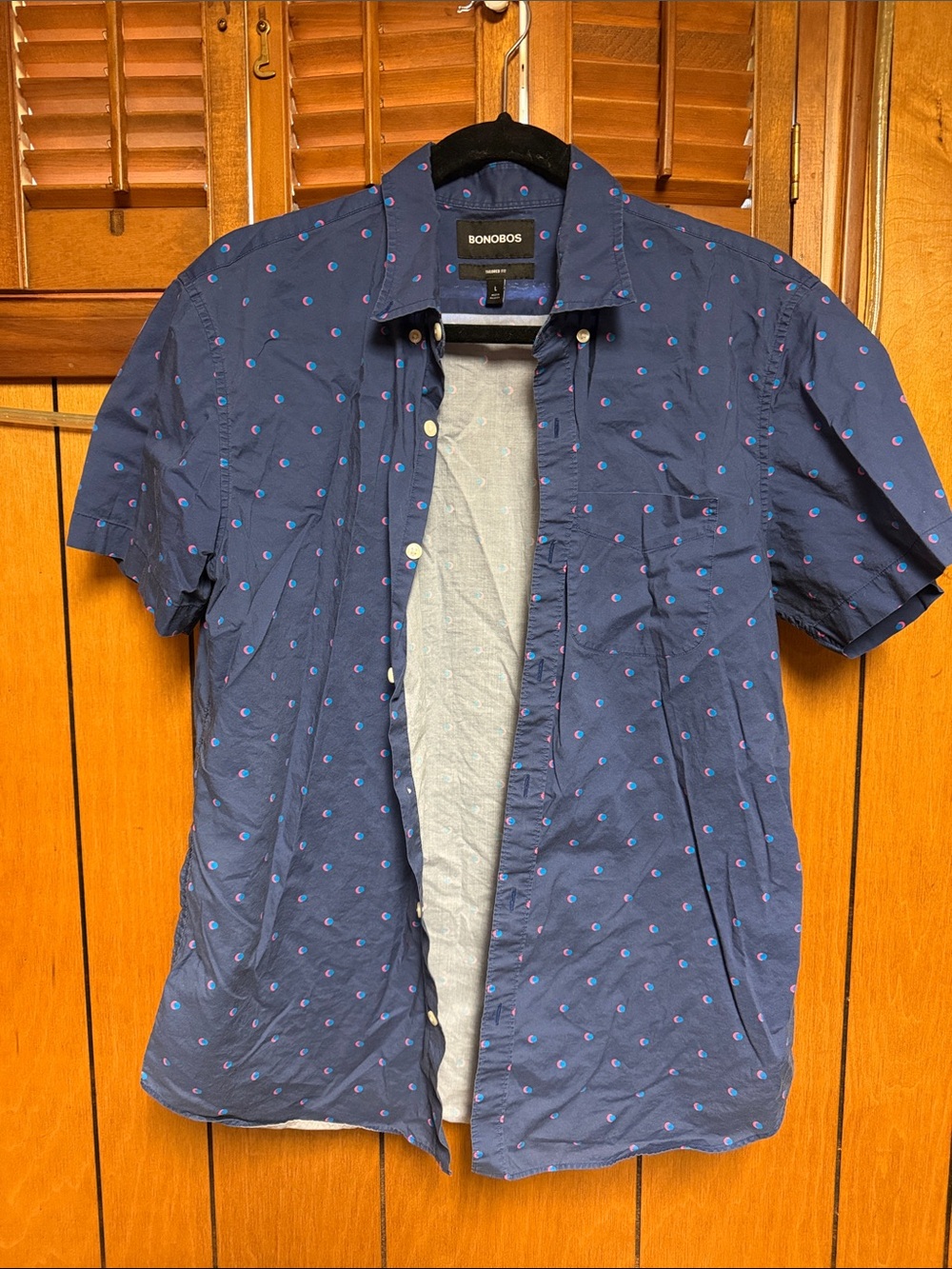 Bonobos Navy Short-Sleeve Button-Down Shirt with Pink and Light Blue Dots